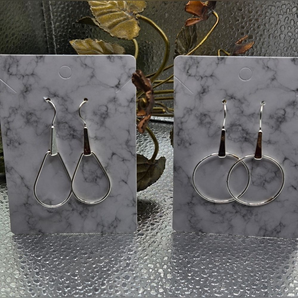 "5/$40" 2 Pairs Of Circle/Teardrop Minimalist Silver Tone Dangle Earrings